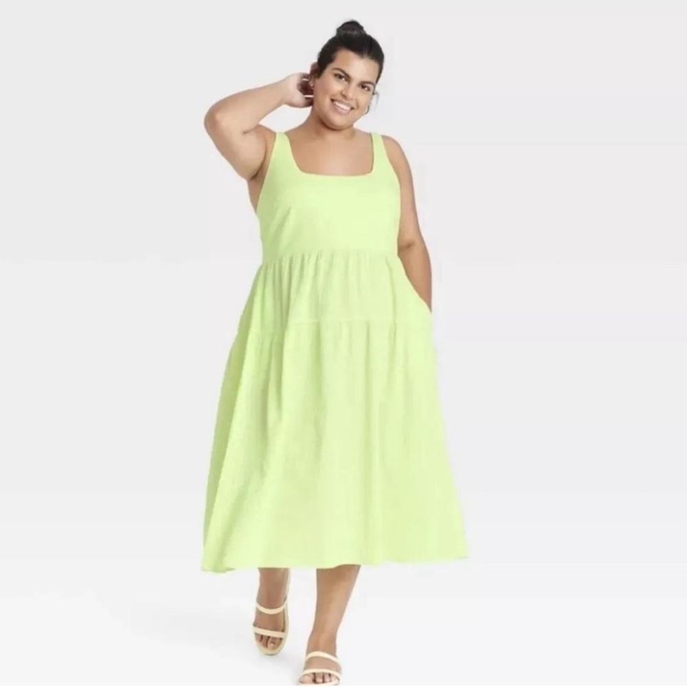 Ava & Viv Sleeveless Square-Neck Midi Dress in Lime Green Size 3X